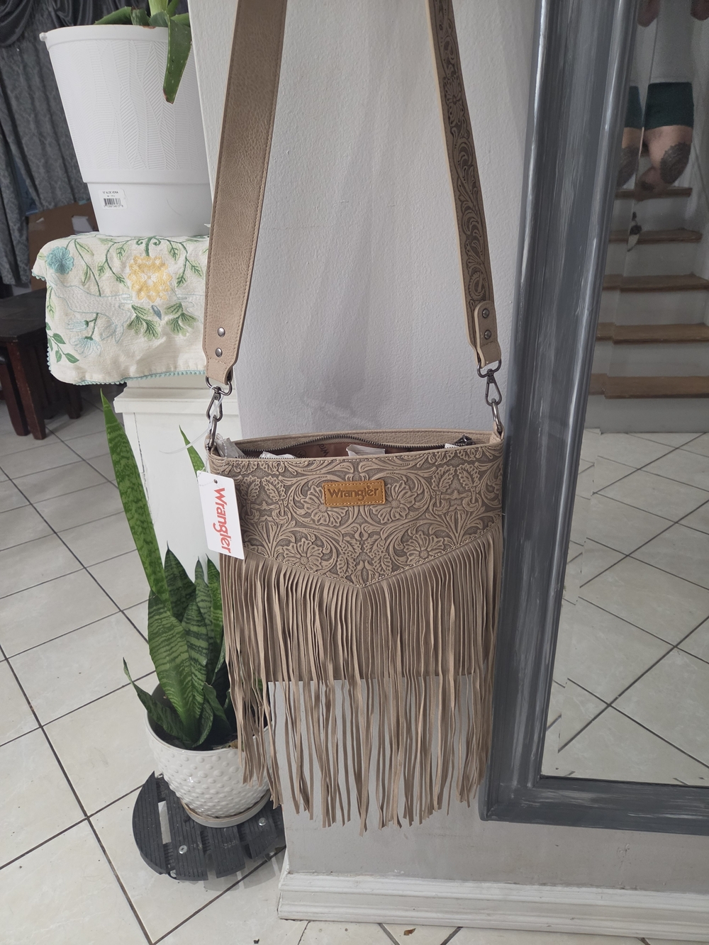 Rare Find Wrangler Taupe Floral Embossed Fringe Crossbody